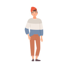 Smiling Teenager Male Standing In Red Hat And Striped Pullover Flat Vector Illustration