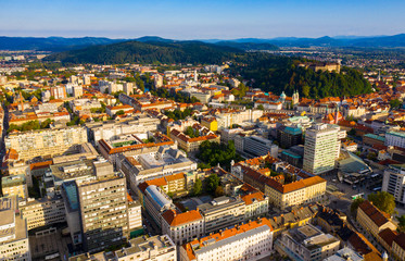 Obraz premium Aerial view of Ljubljana cityscape with buildings and streets