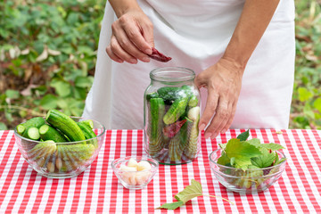 Female cook puts red pepper in a glass jar with cucumbers for preservation