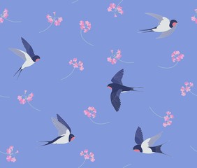 Swallows and flowers pattern seamless vector. Flying birds on a blue background and pink flowers.