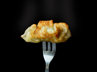 One piece of Mandu or Gyoza in a fork  with black background, chinese food style for food issue.