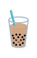 Tapioca in a transparent glass with a straw. Vector color isolated image. Brown drink.