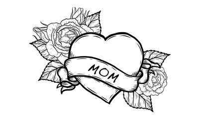 Heart with wording mom vector by hand drawing.Beautiful tattoo on white background.Graphic art highly detailed in line art style.Red heart with ribbon retro for wallpaper or tattoo.