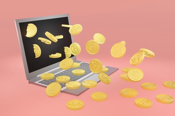 money flying out of a laptop isolated on orange background. gold coin dollar from laptop. 3D rendering.
