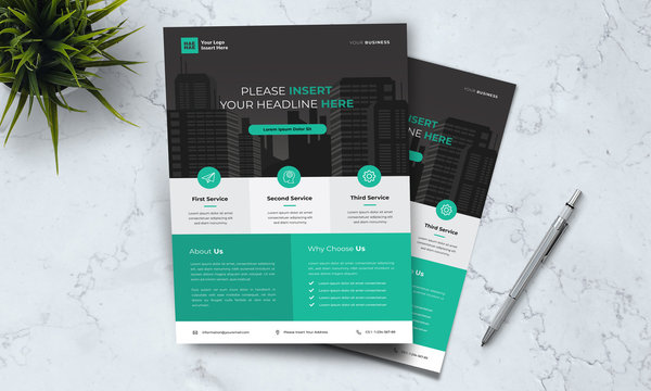 A4 modern elegant business template flayer poster pamphlet brochure with space for photo background in green, grey and white color cmyk ready to print vector editable layer