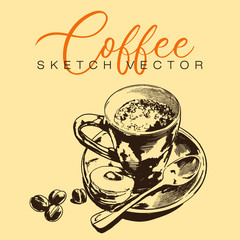 Cup of coffee with coffee beans sketch style vector illustration. Old engraving imitation. Hand drawn sketch