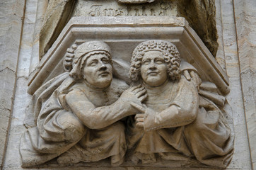 Fototapeta na wymiar Carving details on the outer wall of an old building at the Grand Place or Grand Square, UNESCO World Heritage Site since 1998, Brussels, Belgium, Europe