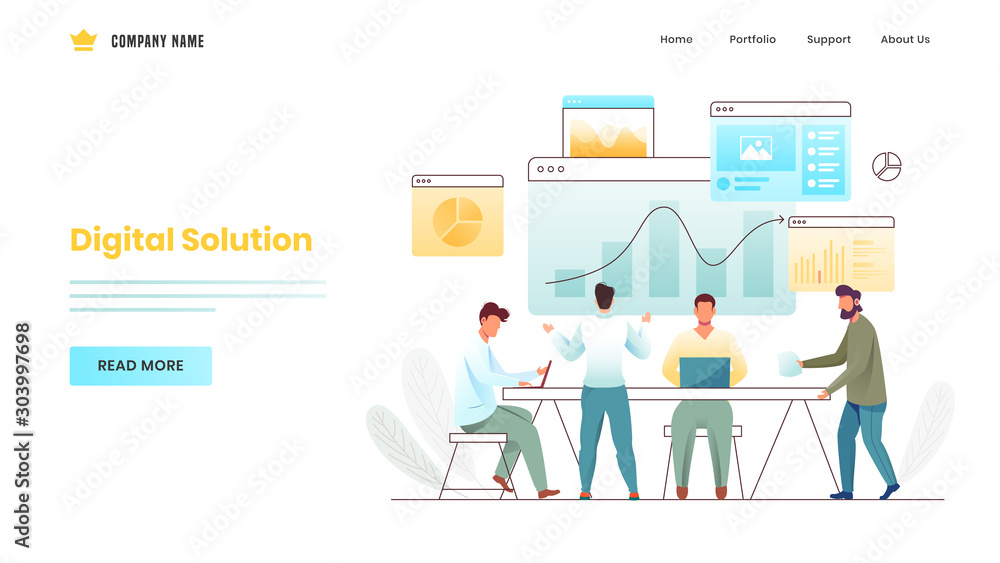 Poster business men working together on workplace with different infographics website for digital solution 