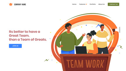 Best Team concept based landing page design with business man discussing to woman working in laptop for Advertising.