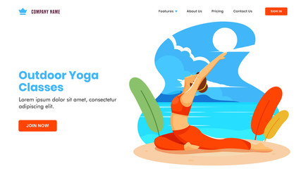 Outdoor Yoga Classes concept based landing page design with young girl doing yoga in aswaasanchal asana pose on beach view background.