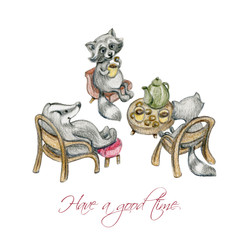 Hand-drawn color pencil illustration of a cute raccoons and a badger sitting at breakfast table with tea and dried biscuits. Isolated on the white background.