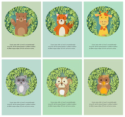 set of cute animals cards for greeting card in paper cut and craft style .