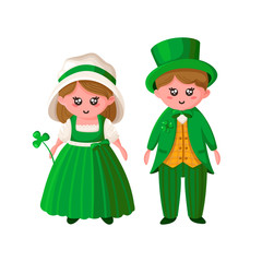 Saint Patricks Day cartoon couple - boy and girl in green retro costumes, cute kawaii irish people or holiday characters, bowler hat, shamrock clover, vector set isolated on white background