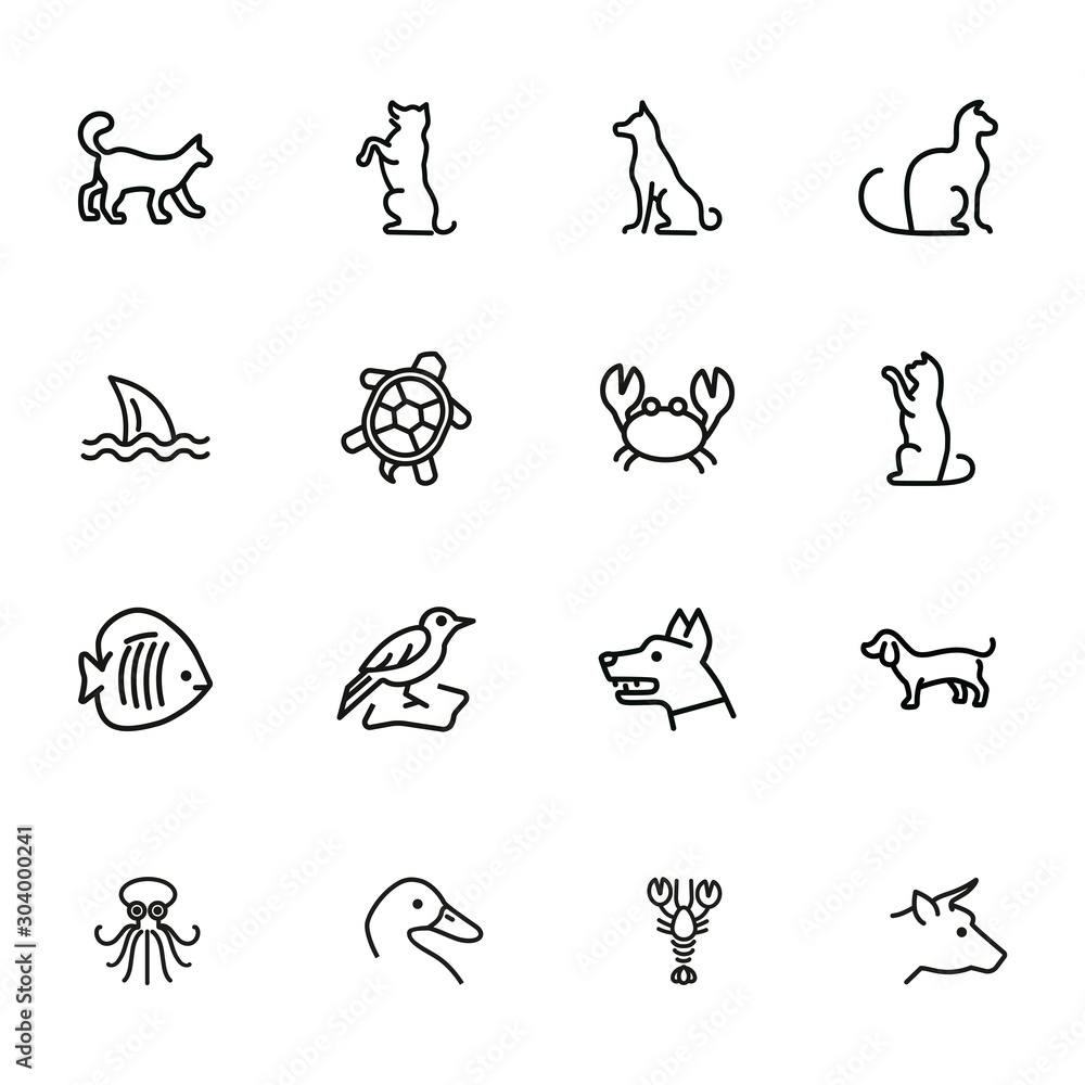 Canvas Prints Animals line icon set. Cat, dog, shark, turtle. Nature concept. Can be used for topics like wildlife, pets, sea life