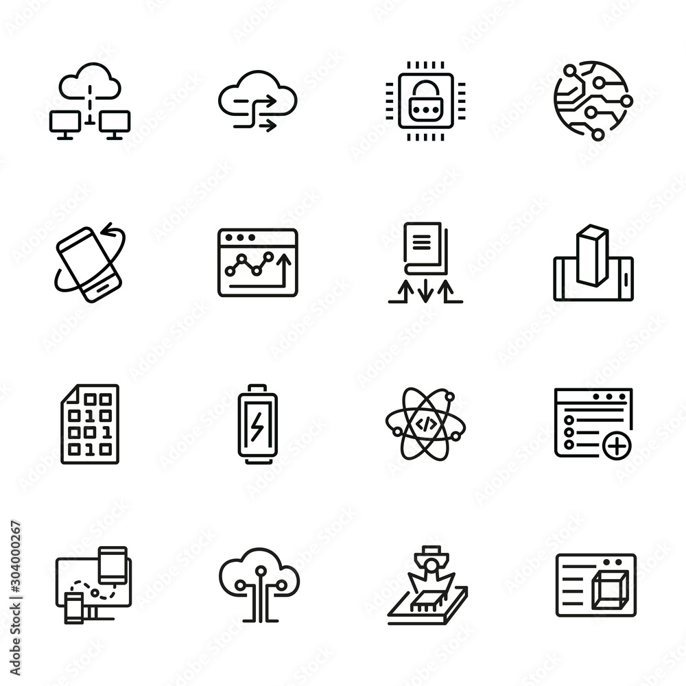 Poster application development line icon set. battery charging, binary code, cloud networking. information 
