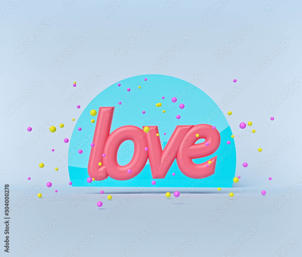 Poster valentines day background with abstract love text. cute simple design with colorful elements. 3d ren