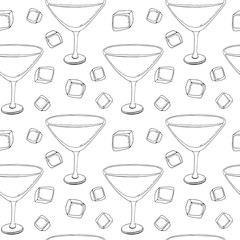 Hand-drawn sketch of martini glass. Seamless glassware background. Glassware pattern. Black and white style. Vintage. white background. a glass of shompansky, a glass for wine, a glass for margarita