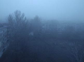 Gloomy city in the fog. Thick fog in the city. Apocalypse and post-apocalypse. Empty creepy yard with bare trees in a residential area. An empty playground.