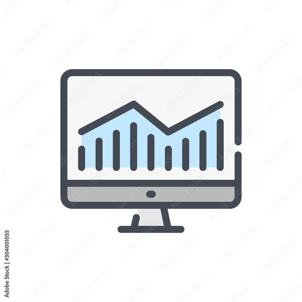 Poster online statistics color line icon. computer with analytics report vector outline colorful sign.
