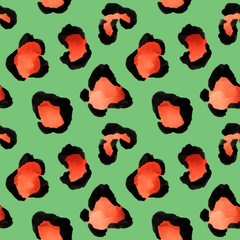 Colorful animal seamless pattern. Hand painted leopard print. Red spots on a green background. Fashion texture for wrapping paper or fabric design