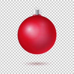 Vector red glass christmas tree ball with patches of light isolated on checkered background. 3D illustration.
