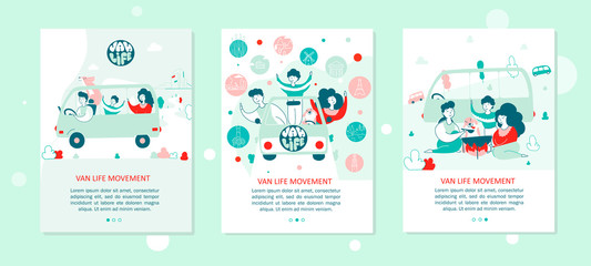 Van life movement onboarding mobile app screen templates set