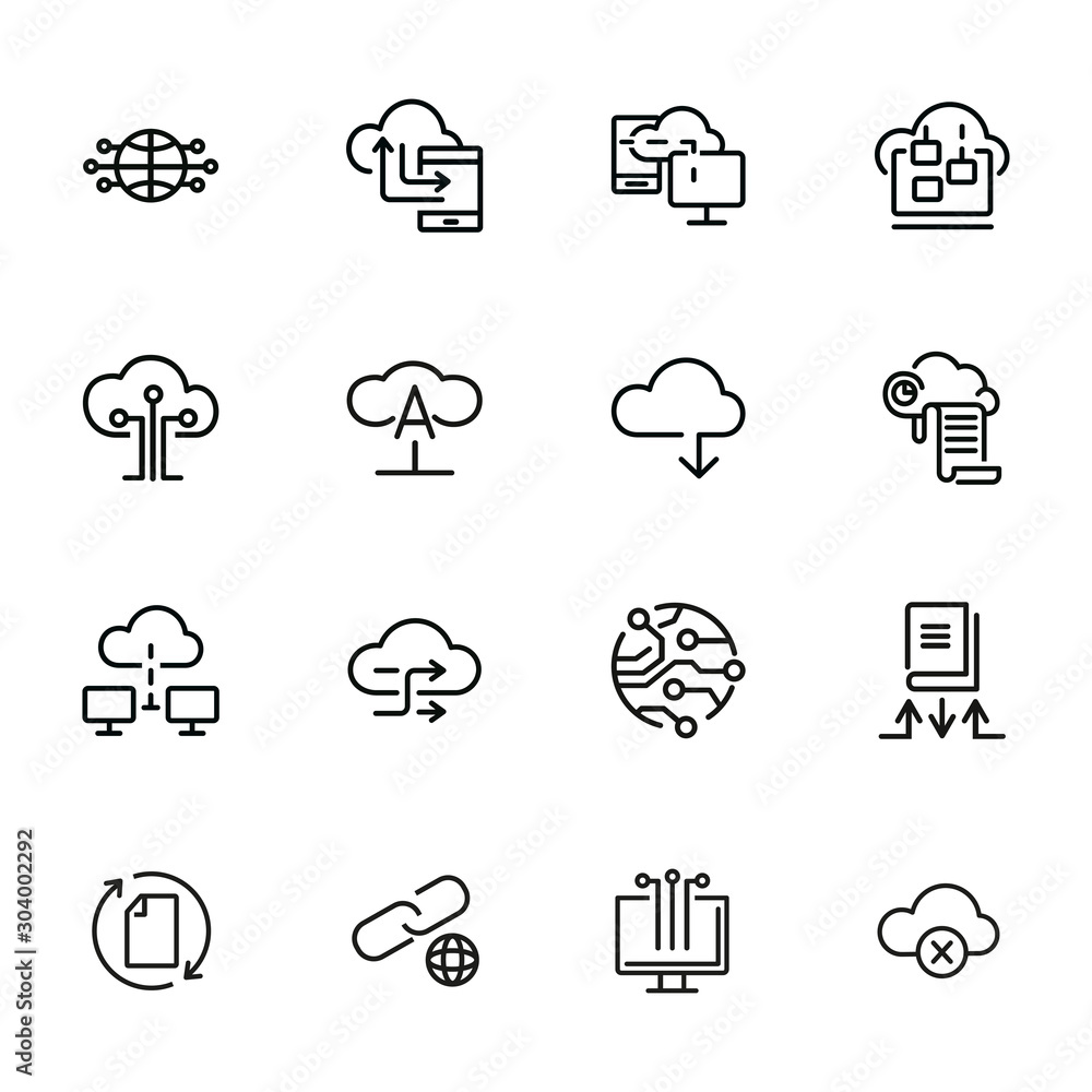 Poster cloud computing line icon set. set of line icons on white background. programming concept. system, s