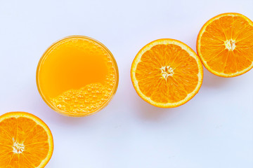 Fresh orange juice with orange fruit on white background.