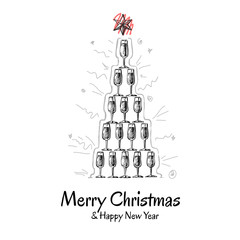 Christmas greeting card with pyramid of champagne glasses. Abstract Christmas tree