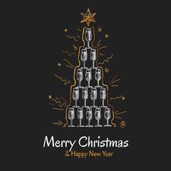 Christmas greeting card with pyramid of champagne glasses. Abstract Christmas tree