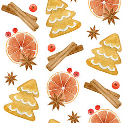 Cute christmas pattern for wrapping paper and fabric design. Watercolor seamless texture. Hand drawn homemade gingerbread cookies, dried oranges, berries, and spices isolated on a white background