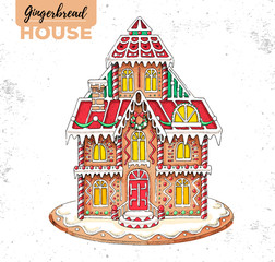 Hand drawing illustration of christmas gingerbread house. Sweet bakery