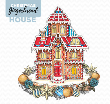 Hand drawing illustration of christmas gingerbread house and holiday wreath. Sweet bakery