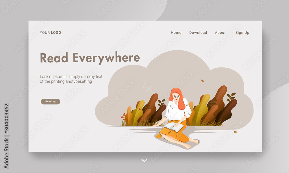 Canvas Prints landing page design or web banner design with young girl reading a book on nature view background.