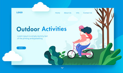 Outdoor Activities landing page design with woman wearing helmet riding bicycle on nature background.