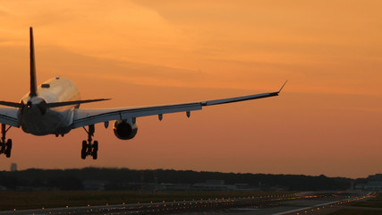 Rear view of twin engine widebody airplane land on at the dawn. Moment of touch the runway.