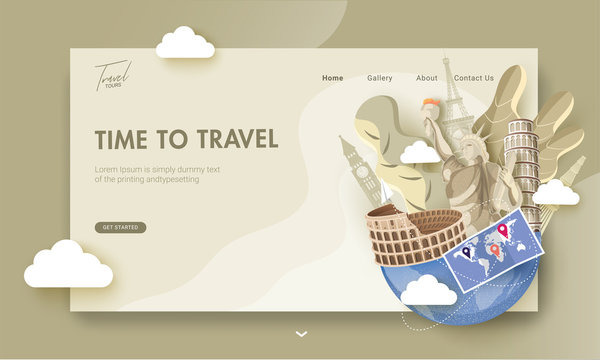 Landing page design with illustration of foreign country famous monuments and world map for World Tourism Day or Time To Travel concept.