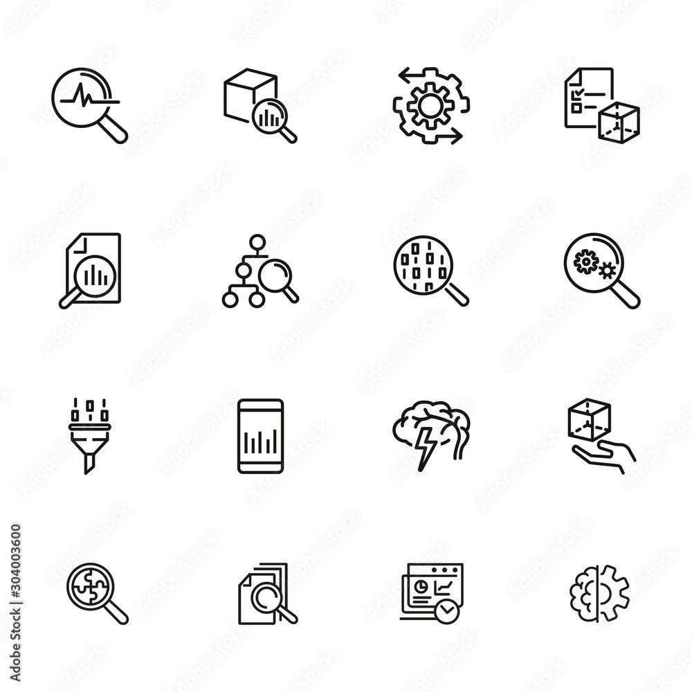 Poster data analysis line icon set. binary code, graph, gear. information technology concept. can be used f