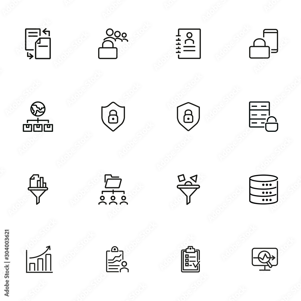 Poster data analyzing line icon set. lock, database, shield, filter. information technology concept. can be