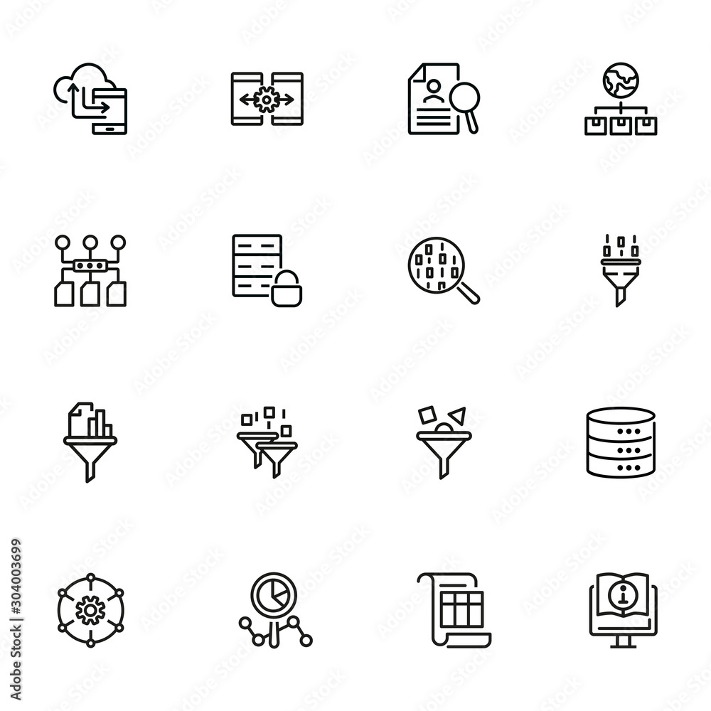 Poster data management line icon set. binary code, structure, storage, filter. information technology conce