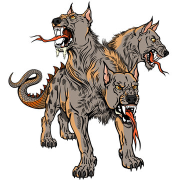 Cerberus hellhound Mythological three headed dog the guard of entrance to hell. Hound of Hades. Isolated tattoo style vector illustration
