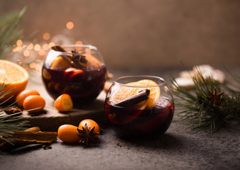 Christmas mulled wine in  glasses delicious holiday like parties with orange cinnamon star anise...