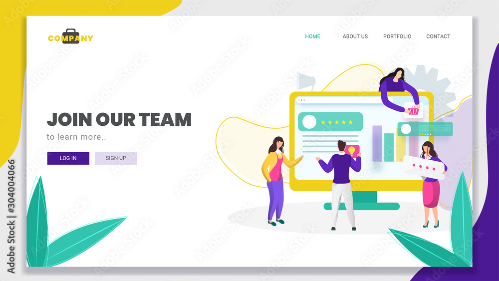 Poster business man and women working together to maintain the website on computer for join our team concep