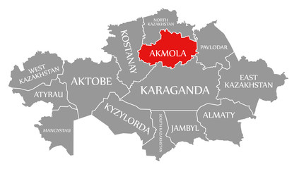 Akmola red highlighted in map of Kazakhstan