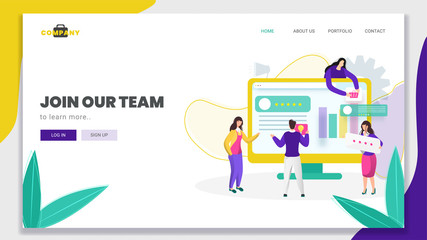 Business man and women working together to maintain the website on computer for Join Our Team concept based landing page design.