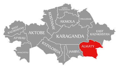 Almaty red highlighted in map of Kazakhstan