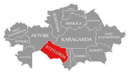 Kyzylorda red highlighted in map of Kazakhstan