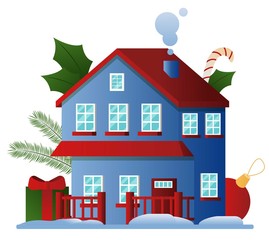 Cartoon two-story blue house with red roof and Christmas decorations. Flat vector illustration.