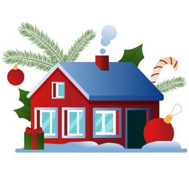 Cartoon red house with blue roof and Christmas decorations. Flat vector illustration.