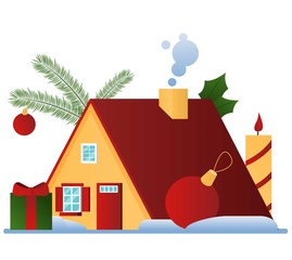 The triangular house is a hut with a red roof and Christmas decorations. Flat vector illustration.